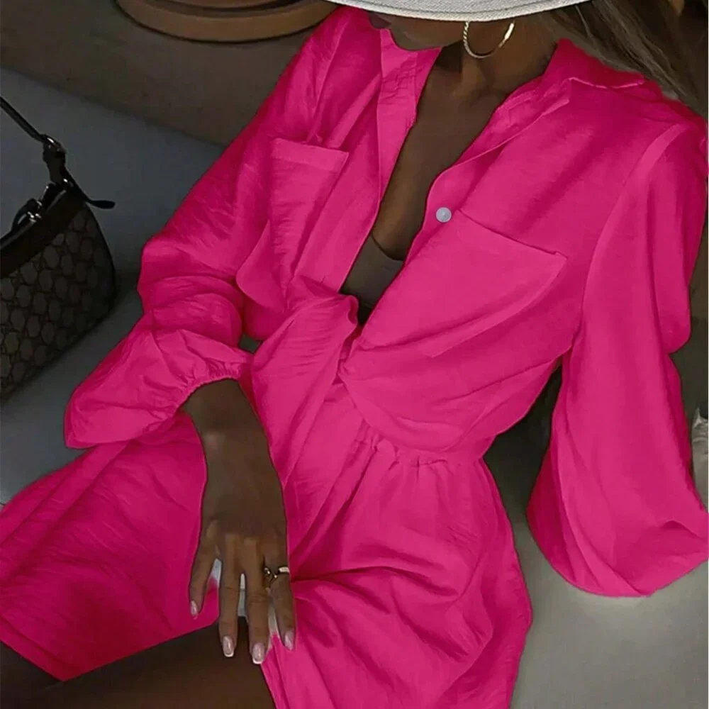 Hot Pink Casual Women's Lantern Sleeve Blouse And Shorts Set